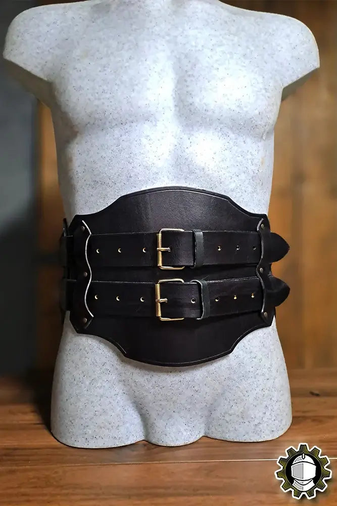 Broad Belt Olympus (Fighter) displayed on a mannequin, showcasing its leather structure and dual buckle design.