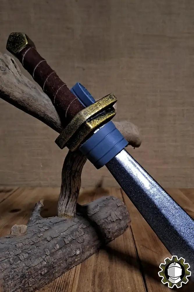 Dagger Holder (New Blood) featuring a sleek dagger design with a rugged handle, positioned on a wooden base.