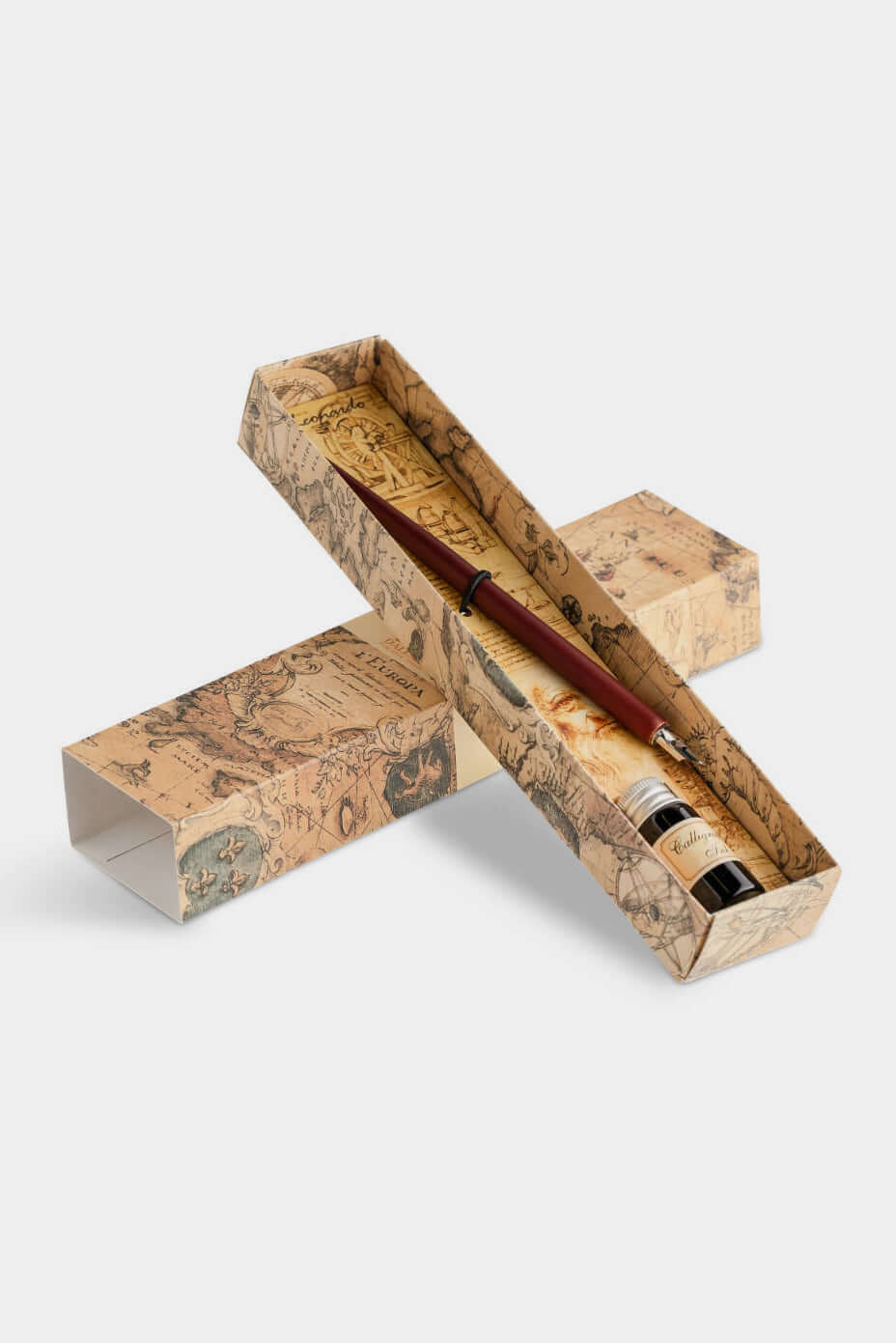 Wooden Calligraphic Pen in decorative packaging with ink bottle, showcasing elegant design and craftsmanship.