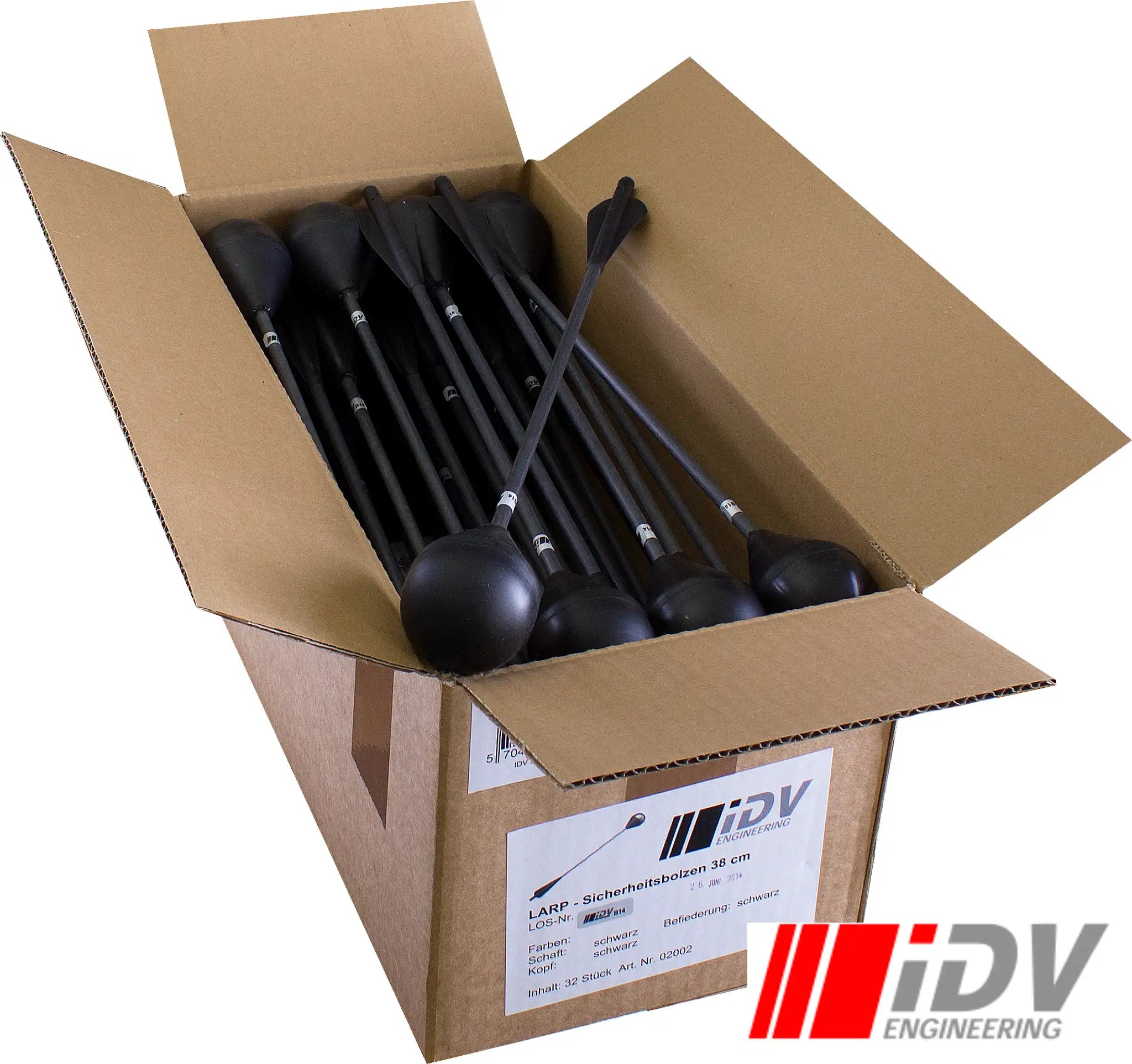 Bolt - Round Head - 15" - Black/Black arrows in box by iDV Engineering for LARP archery.