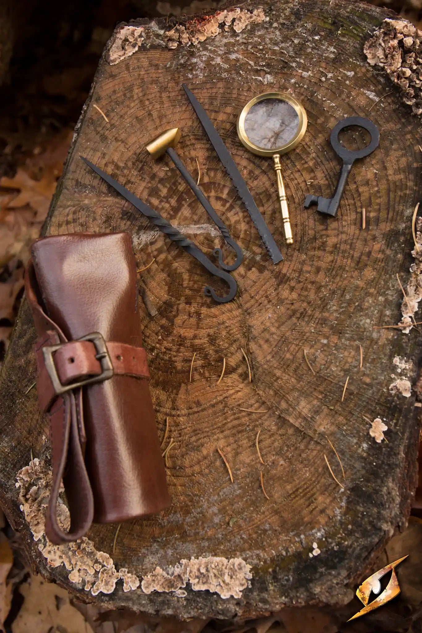 Thieves Tools laid out on a wooden stump, including lock picks, a magnifying glass, and a key.