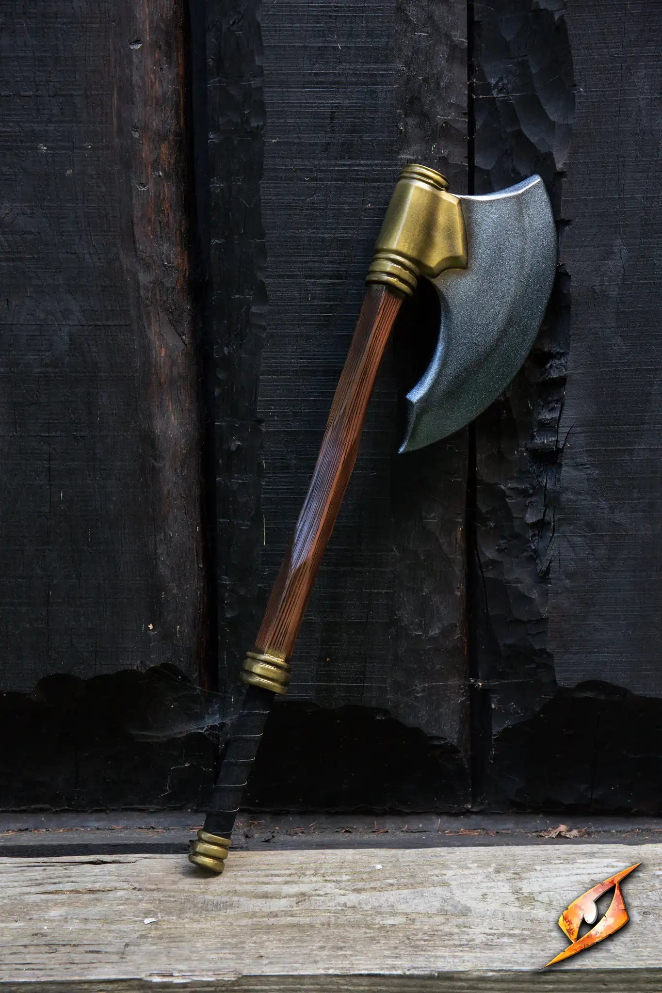 Battle Axe - 85 cm displayed on a wooden background, featuring a curved blade and textured haft.