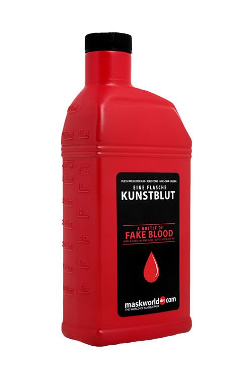 A bottle of fake blood from Maskworld, ideal for horror stories and special effects.