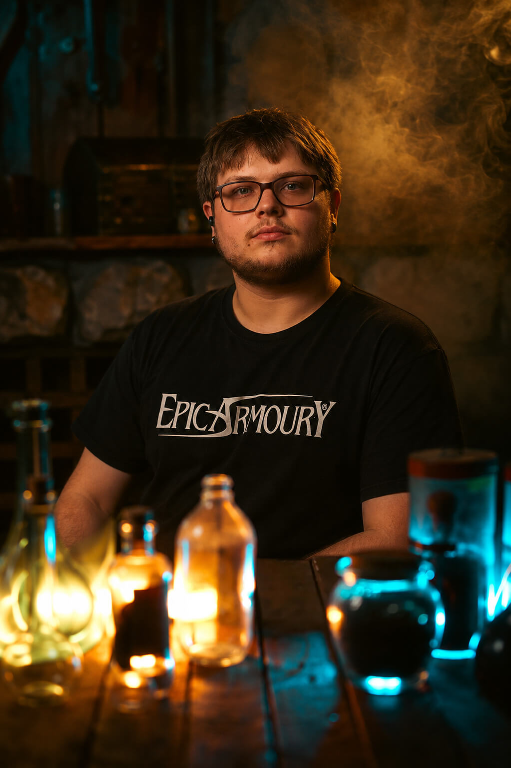 A man wearing glasses and a black t-shirt with 'Epic Armoury' printed in white, sitting at a wooden table with glowing bottles and vials in a dimly lit, atmospheric setting.
