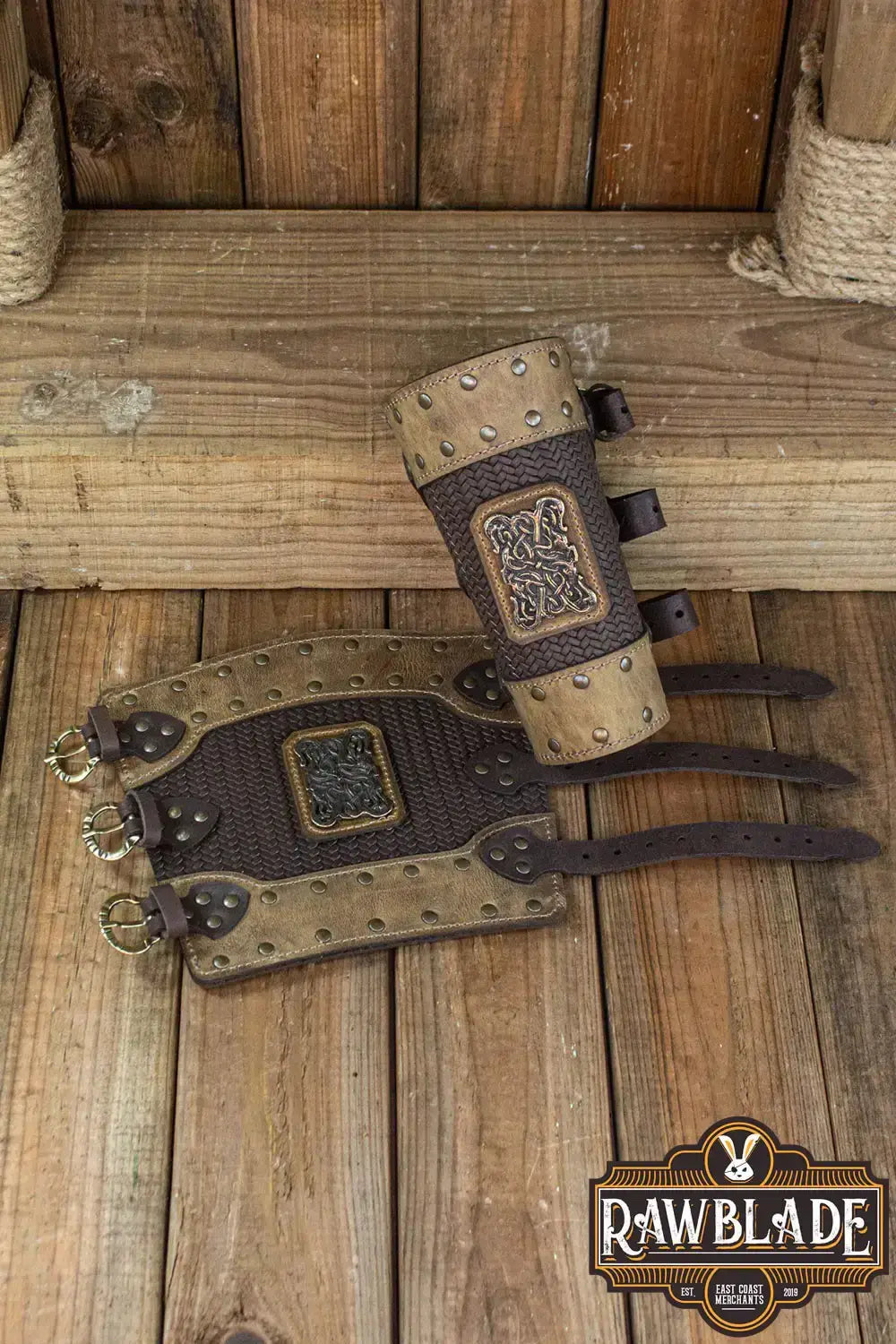 Bruce Bracers featuring two layers of leather with rivets and seams, perfect for chainmail or standalone wear.