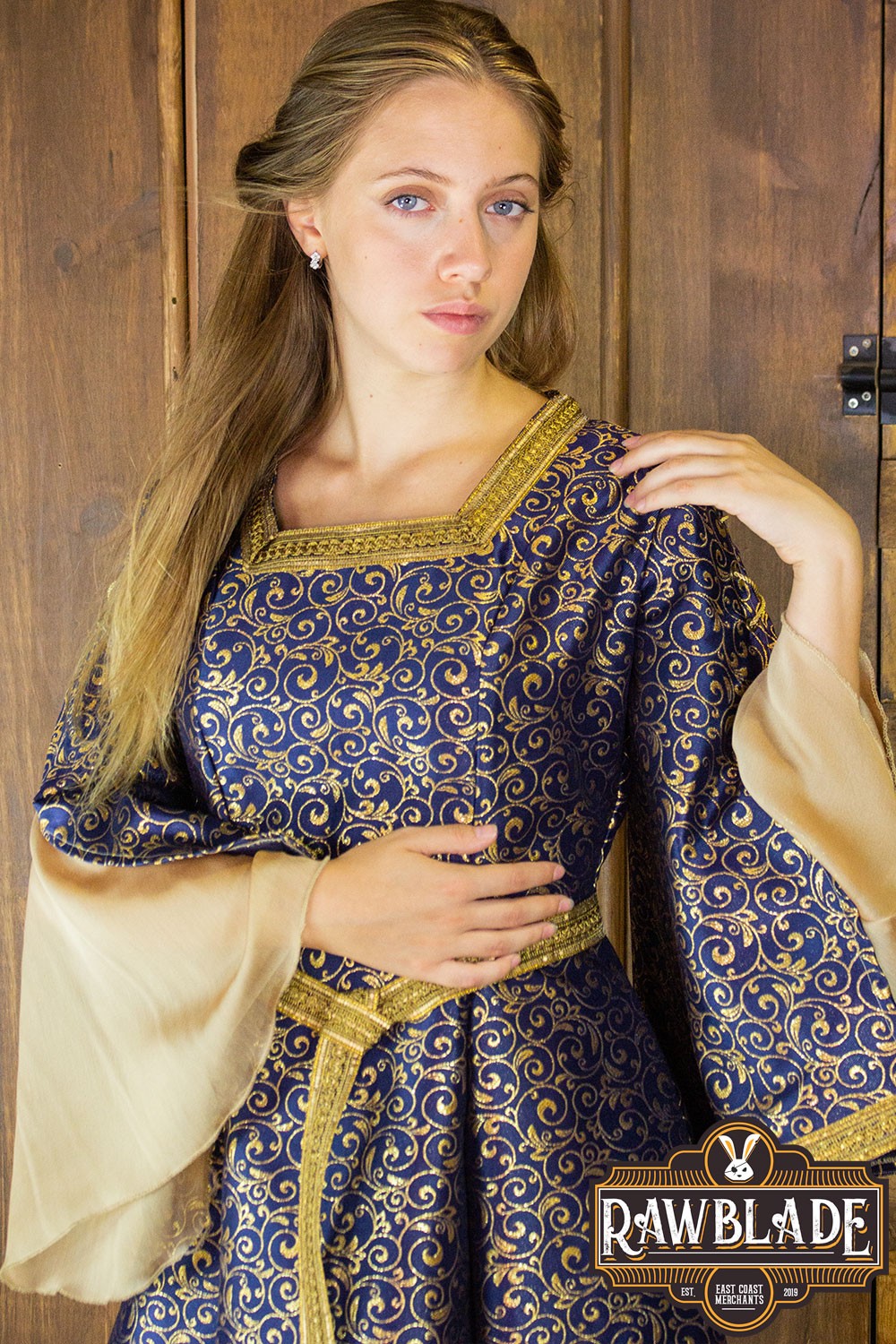 Aquitania Noble Dress showcasing gold brocade and tulle sleeves, perfect for medieval-themed events and larp.