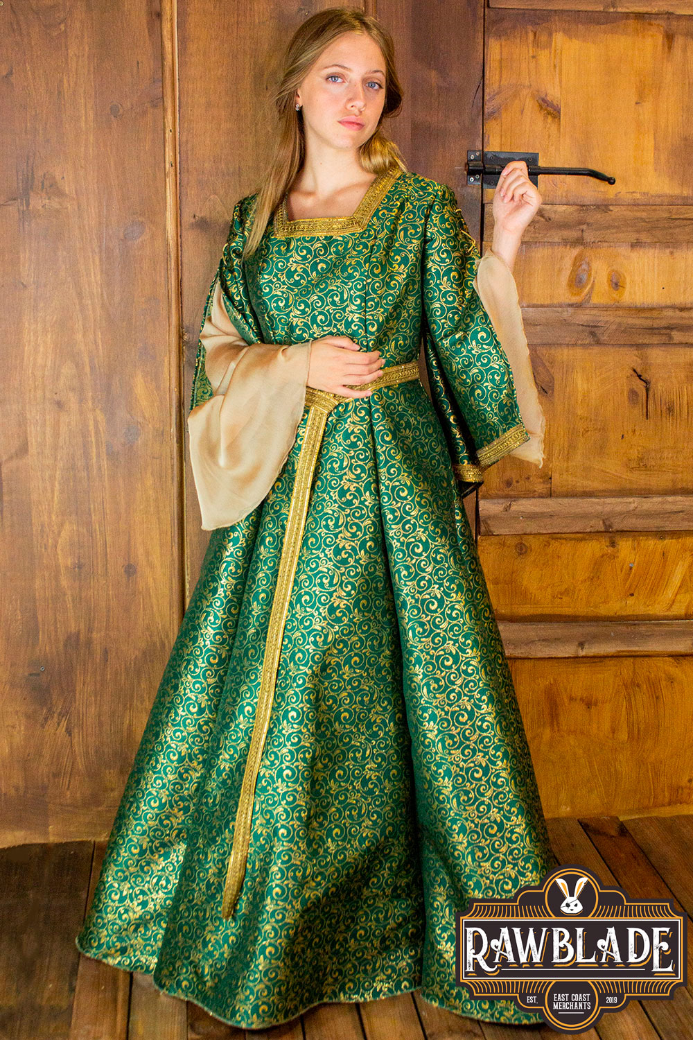 Aquitania Noble Dress showcased in green brocade, perfect for medieval-themed events and celebrations.