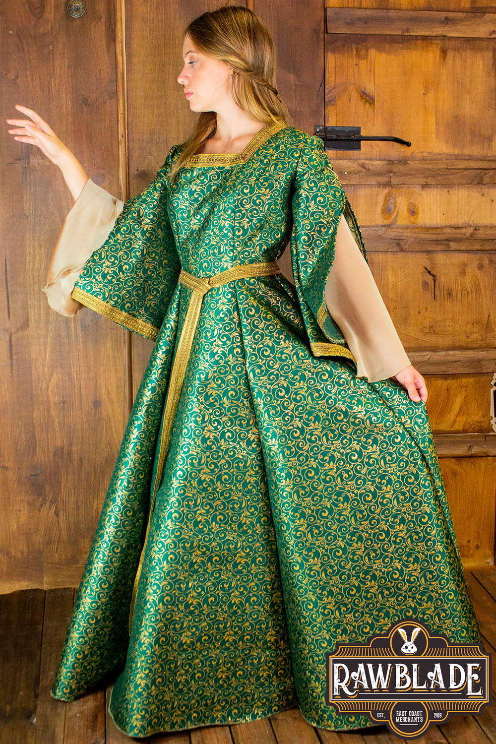 Aquitania Noble Dress in green brocade with tulle sleeves and gold trims, perfect for medieval-themed events.