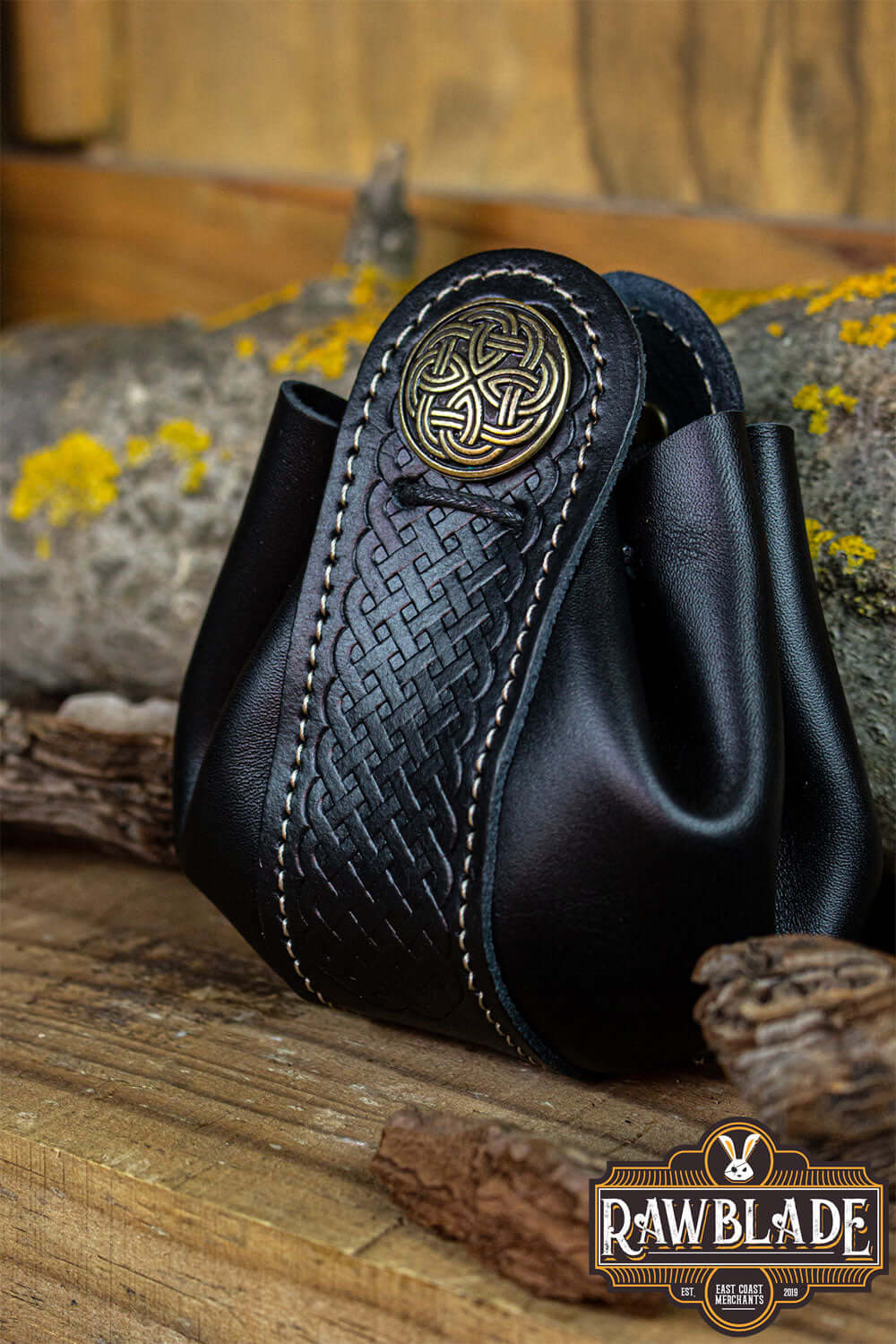 Wanderer Pouch Big, black leather bag with Celtic motifs, stylish and high-quality design, perfect for carrying small items.