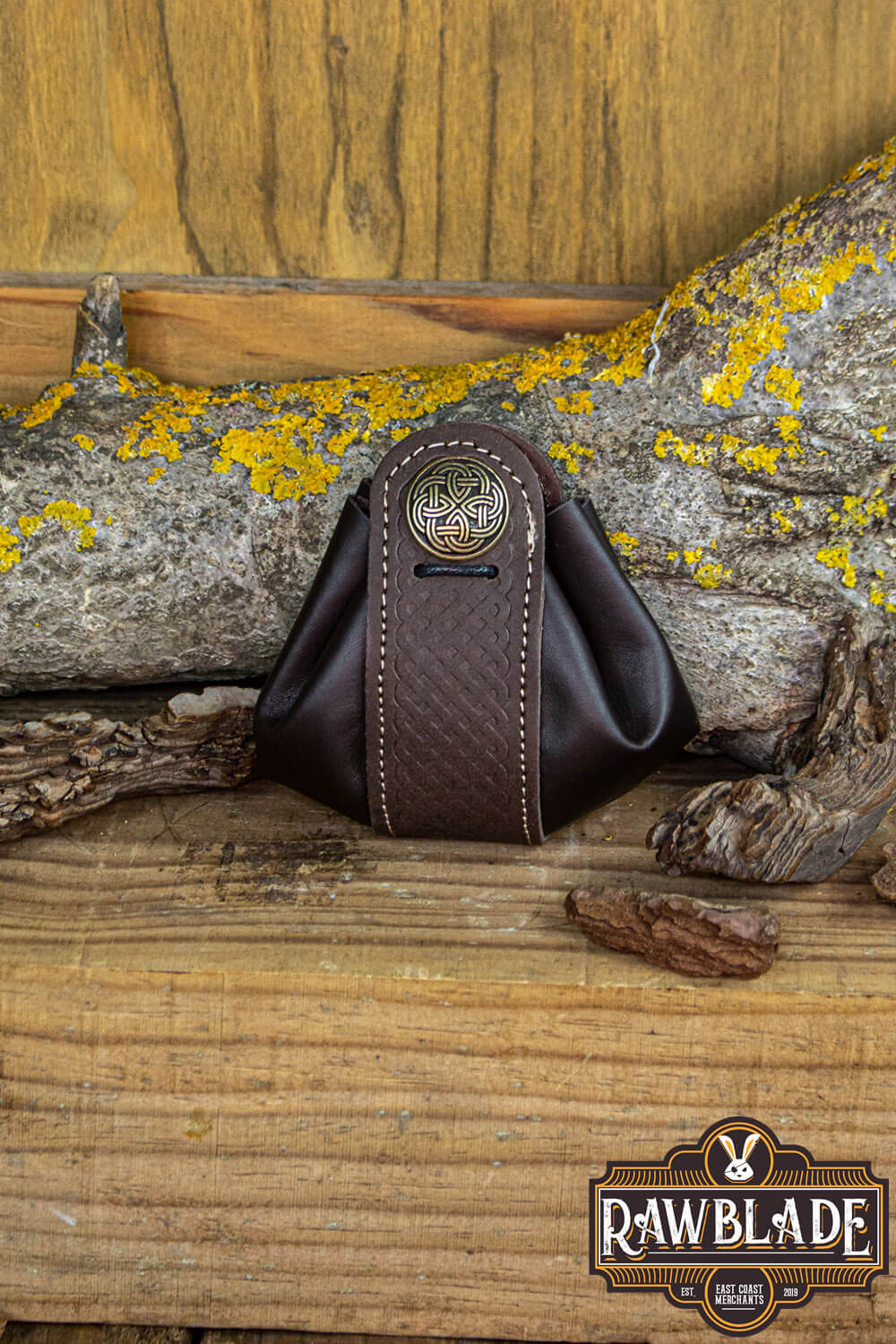 Wanderer Pouch Big made of brown split-leather with Celtic engravings, perfect for small items and stylish character use.