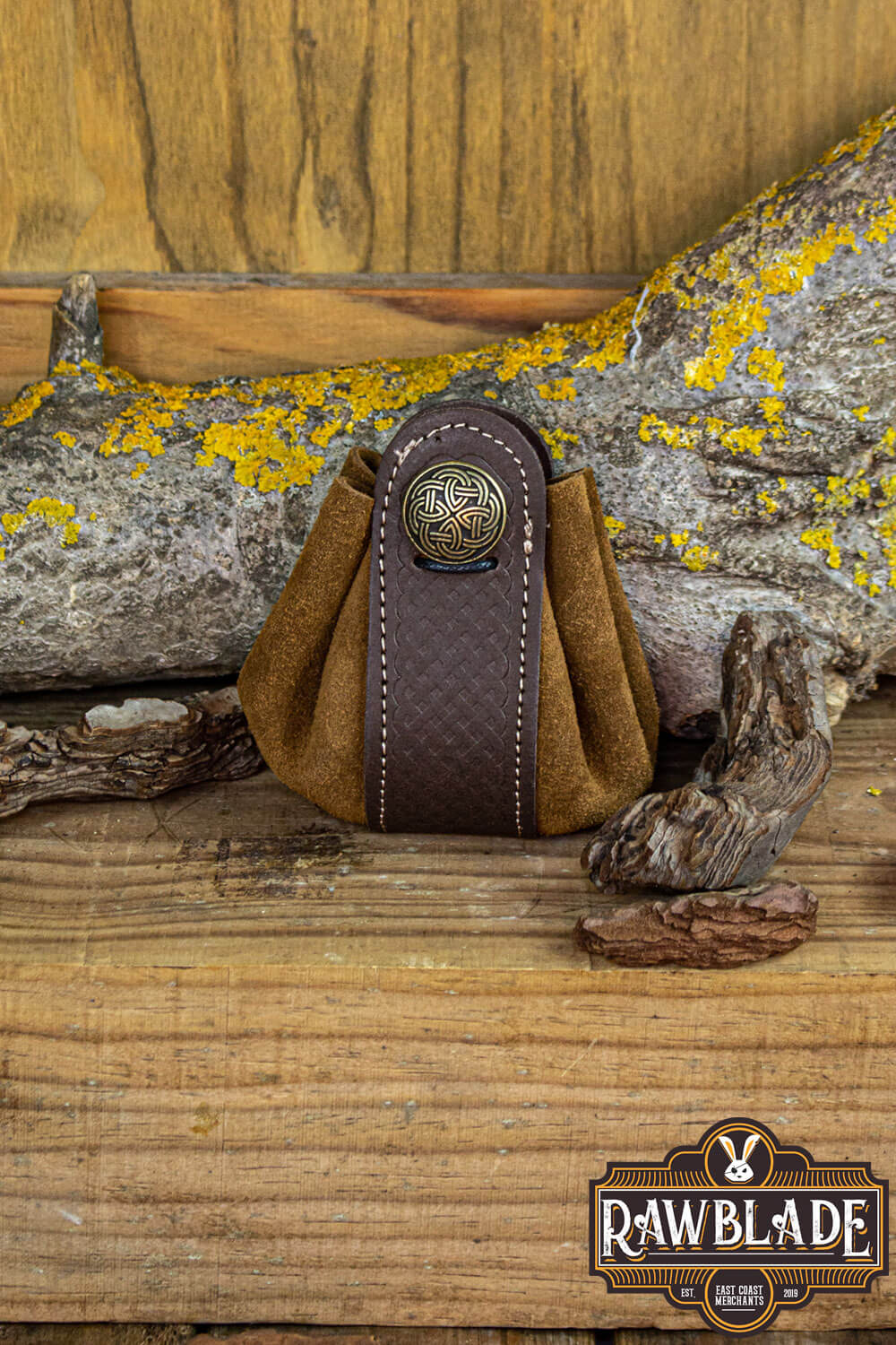 Wanderer Pouch Big in brown split-leather with Celtic motifs, perfect for stylishly carrying small items.