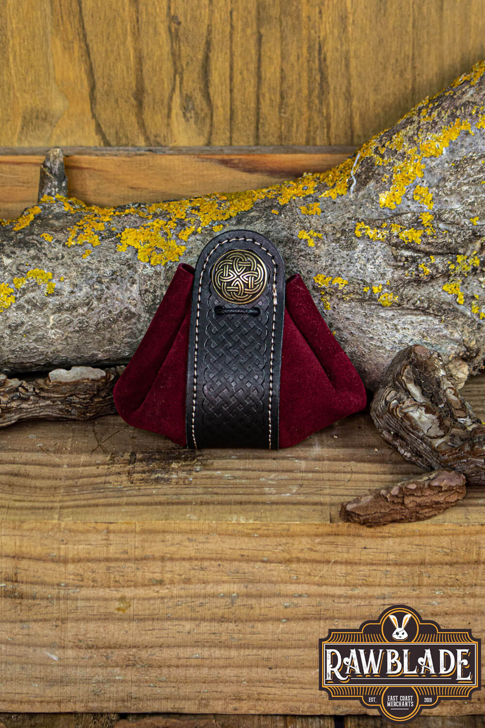 Wanderer Pouch Big in red suede with Celtic motifs and metal trimmings, perfect for stylish carrying of small items.