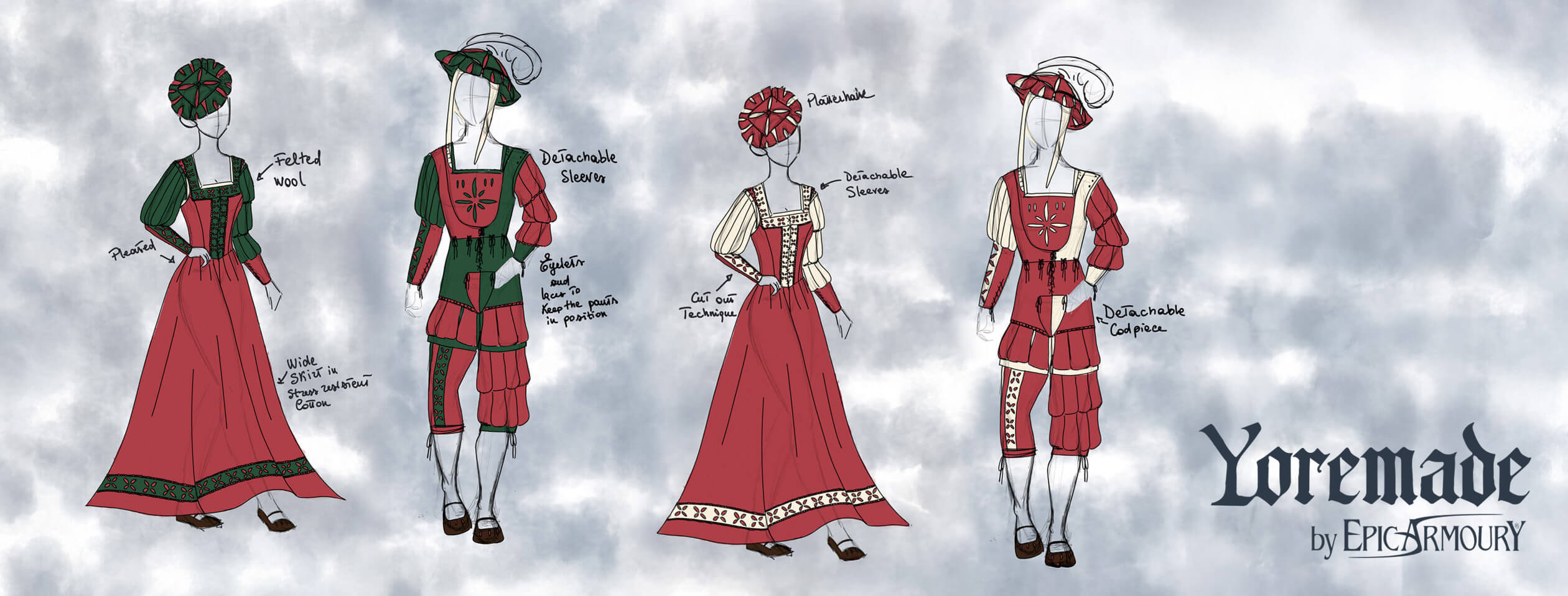 Yoremade medieval clothing sketches showcasing design details for historical garments.