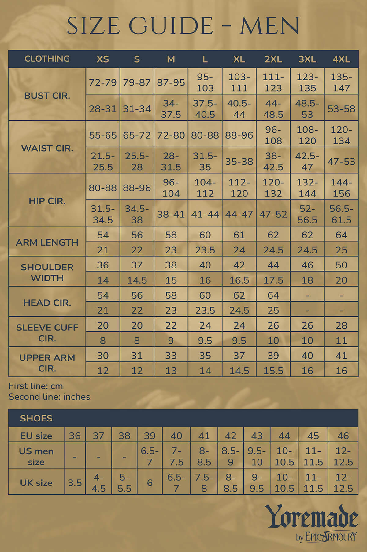 Yoremade size guide for men, clothing, and shoe measurements in cm and inches