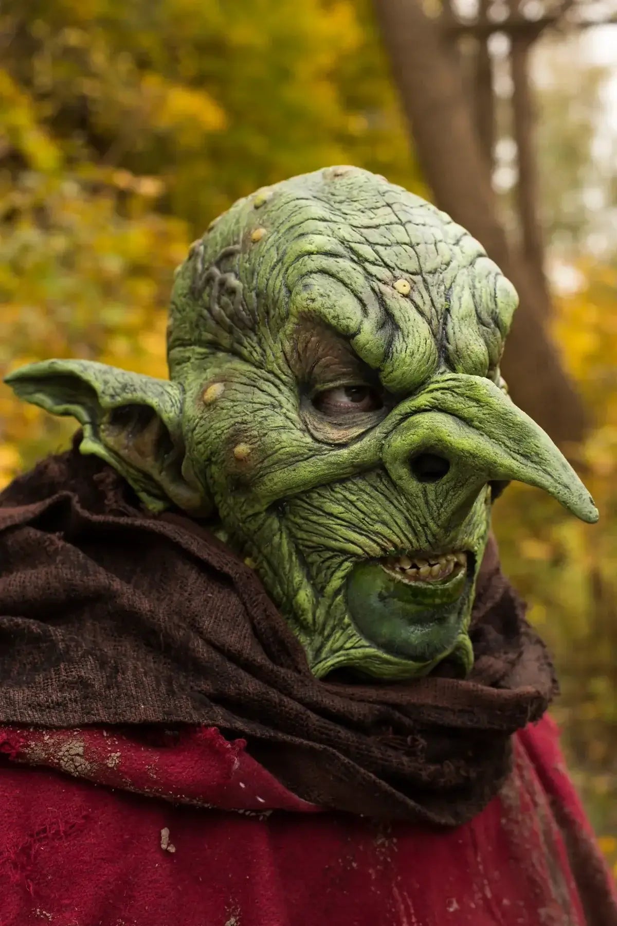 A close-up of a person wearing an elaborate green goblin or fantasy creature mask with textured skin, pointed ears, and a large nose, along with a dark brown cloth and red garment, set against a blurred autumn forest background.