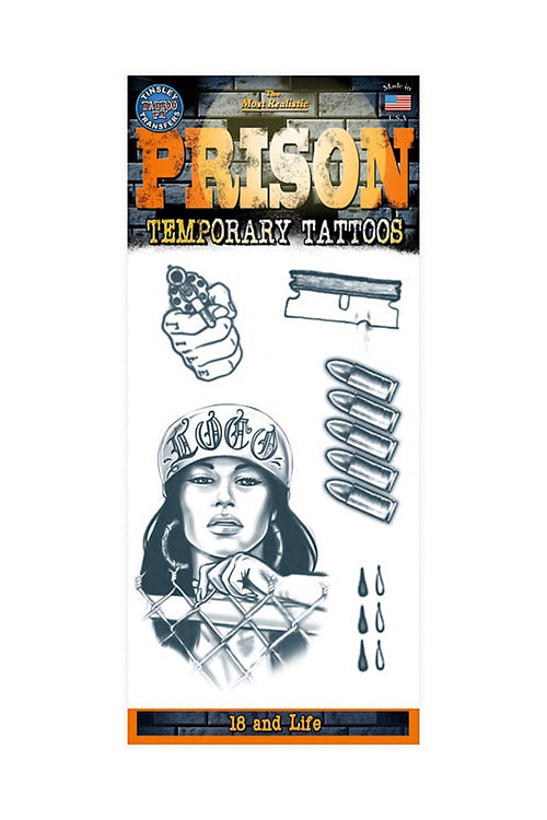 18 and Life Prison Temporary Tattoo Kit featuring realistic prison-themed designs and images.