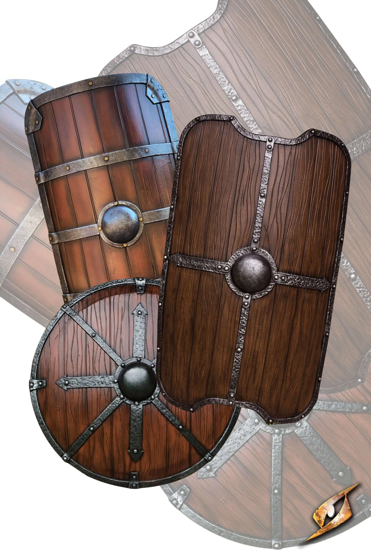 3 handmade and hand painted 2Q Shield - X-Large LARP weapons on display with unique designs and textures.