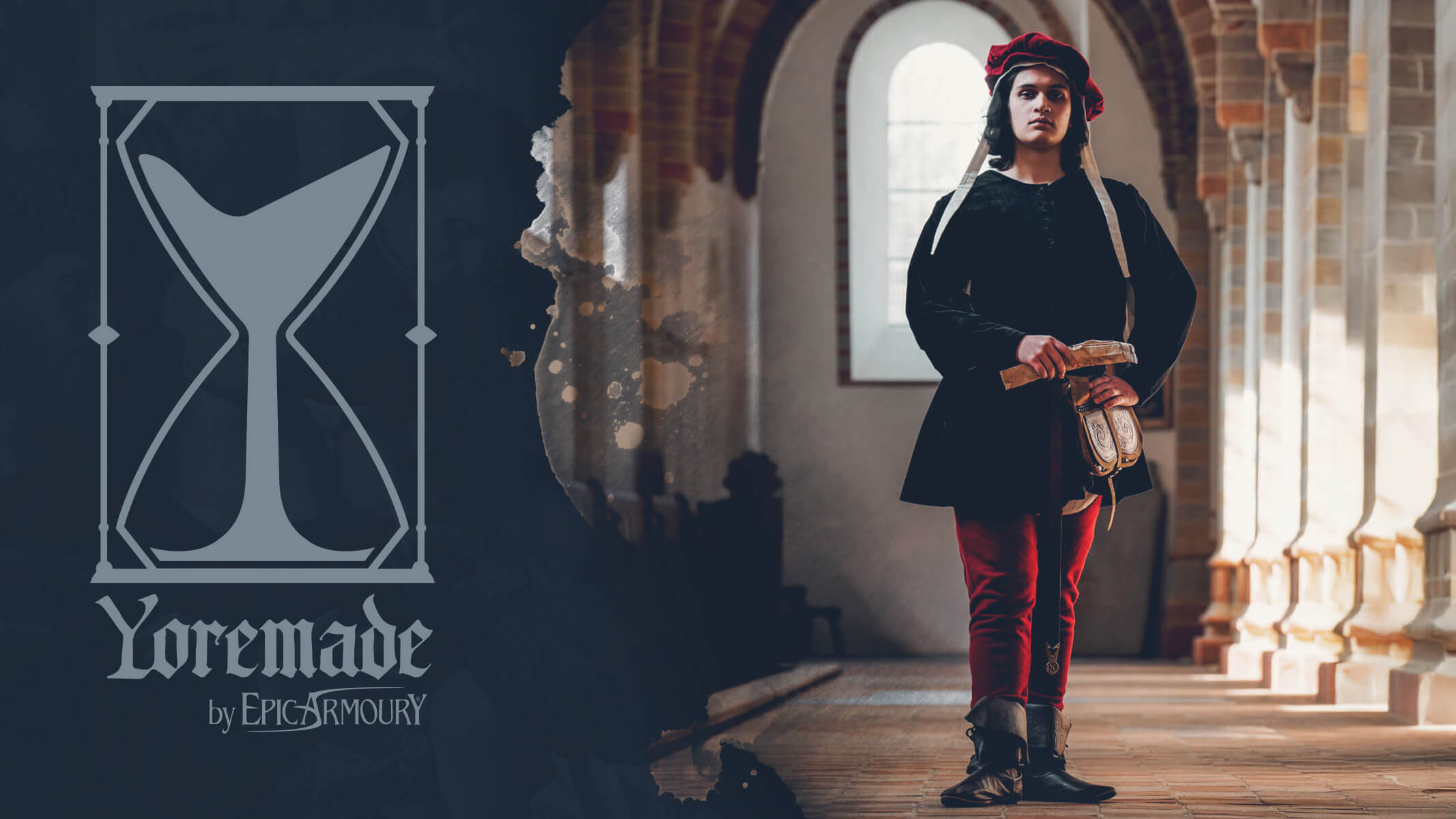 Person in medieval attire holding documents in a cathedral setting with 'Yoremade by Epic Armoury' logo.